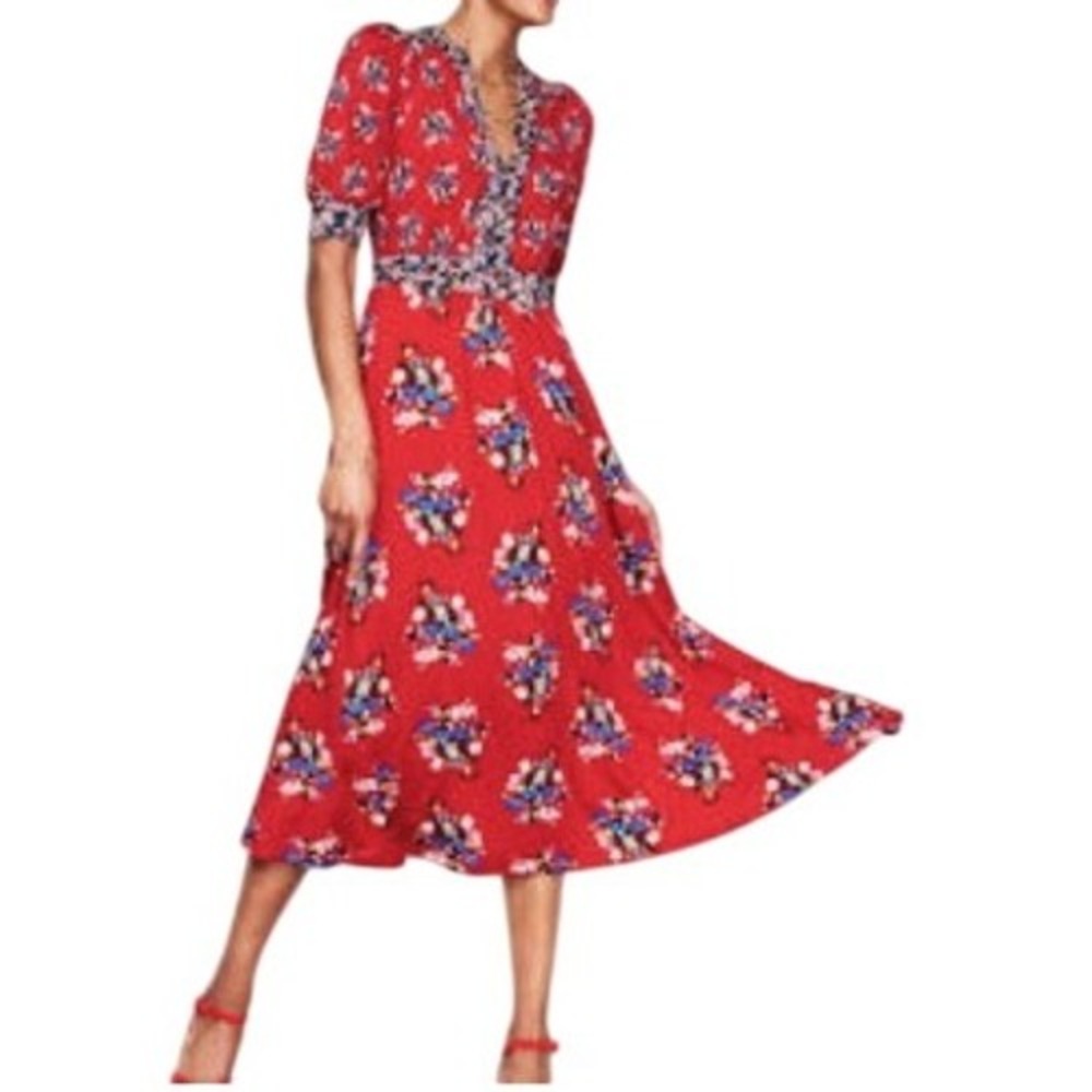 Boden Lily Jersey Midi Tea Dress US 4 Comfortable Red Blue Floral with Pockets